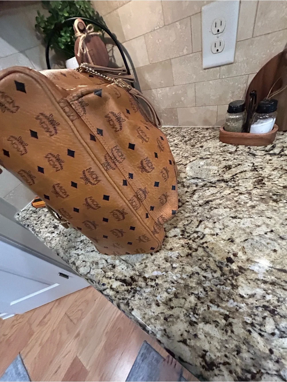 MCM Cognac Visetos Backpack Large with mcm bone bag charm and coa card.